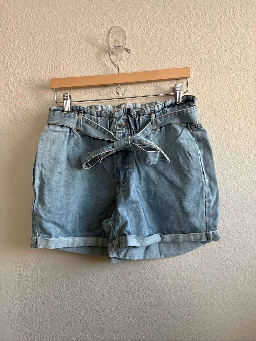 Light Blue Denim Paperbag Waist Shorts with Tie Belt